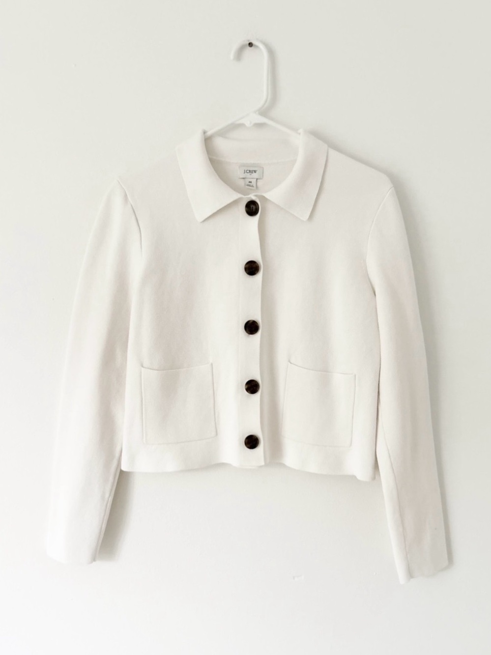 J Crew White Cotton Button Down Patch Pocket Collared Cardigan Sweater Medium